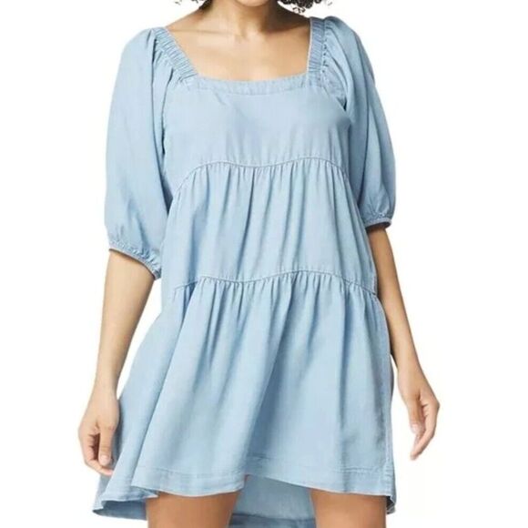 Hunter & Brown Denim Tencel Tiered Dress Puff Sleeves Sz‎ M - Picture 1 of 11